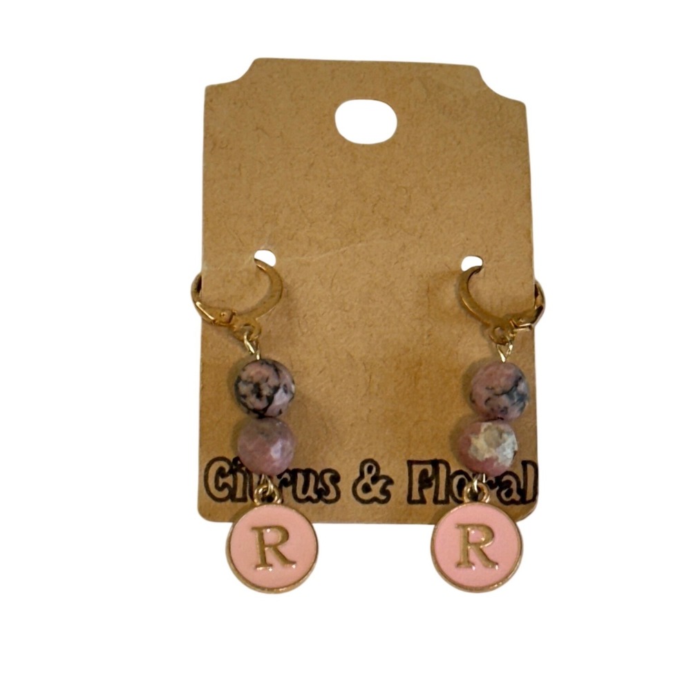 Pink Monogram R Letter Charm Hoop Earrings‎ Gold Tone Beaded